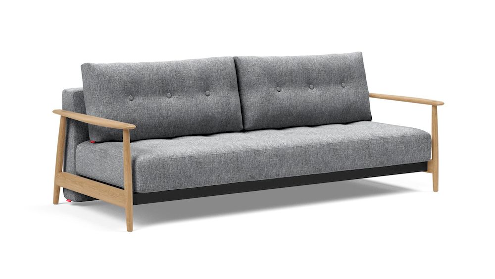 Eluma, sofa rozkładana, skandynawski design, sofa z dębowymi podłokietnikami, wygodna sofa z funkcją spania